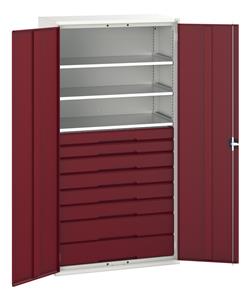 16926577.** Verso kitted cupboard with 3 shelves, 8 drawers. WxDxH: 1050x550x2000mm. RAL 7035/5010 or selected